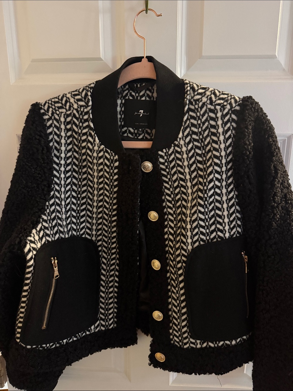 7 For All Mankind Black and White Textured Varsity Jacket with Gold Buttons